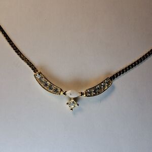 Classic Rhinestone & White Cabochon Necklace (Goldtone)